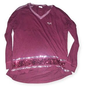 Victoria's Secret PINK Sequin Bling V-Neck Varsity Crew Tee Maroon Medium